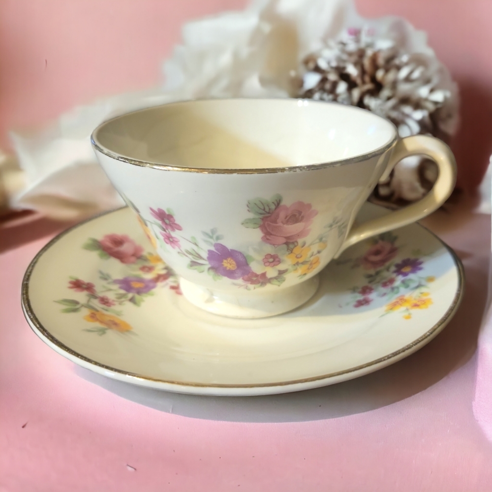 1 Vtg Edwin Knowles Tea Coffee Cup & Saucer Plate Hand Painted Gold Trim Flowers